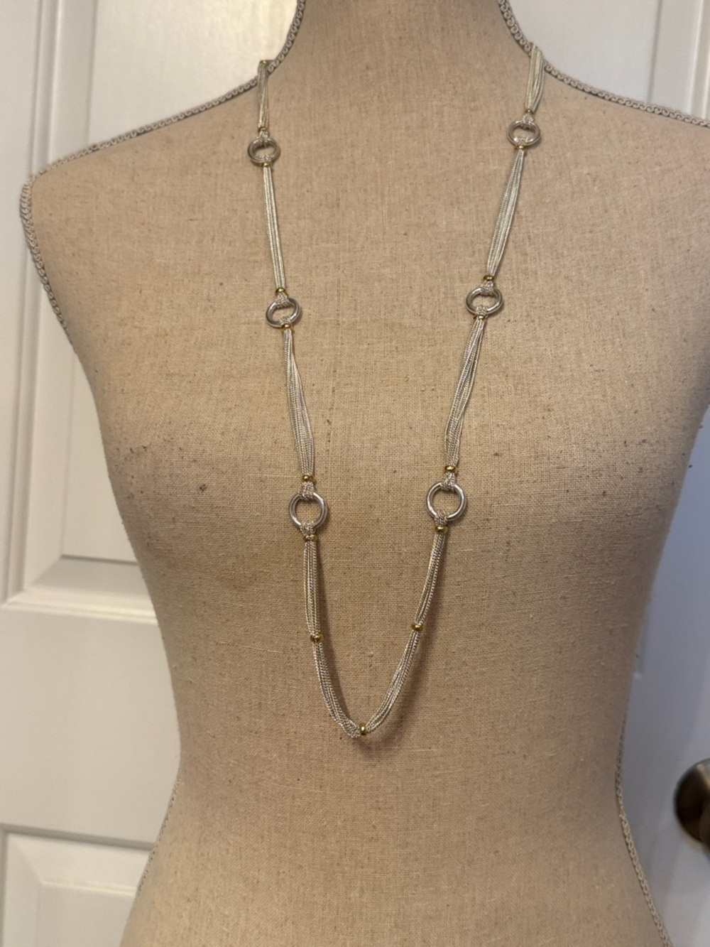 LAUREN RALPH LAUREN LRL NECKLACE SILVER TONE CHAIN STRANDS O RINGS 36”